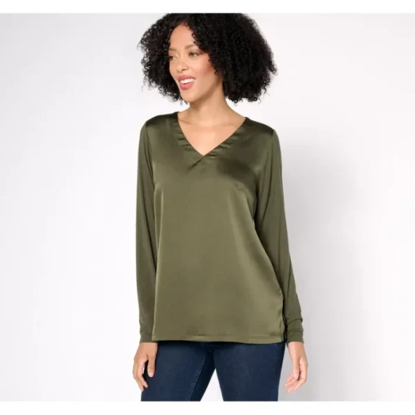 Shop All<Belle by Kim Gravel Mixed Media Sateen Front Top - a world of fashionable women's clothing, including a wide selection of dresses and trendy accessories.