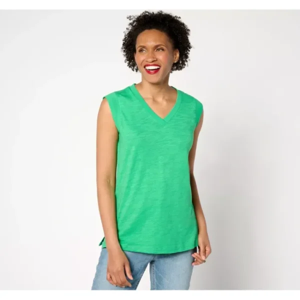 Shop All<Belle by Kim Gravel Mixed Media Slub Ribbed V Neck Top - a world of fashionable women's clothing, including a wide selection of dresses and trendy accessories.