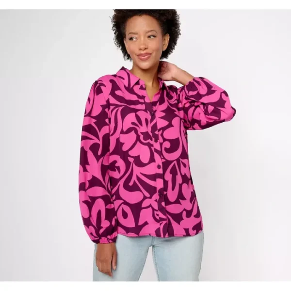 Shop All<Belle by Kim Gravel Modern Abstract Button-Front Blouse - a world of fashionable women's clothing, including a wide selection of dresses and trendy accessories.