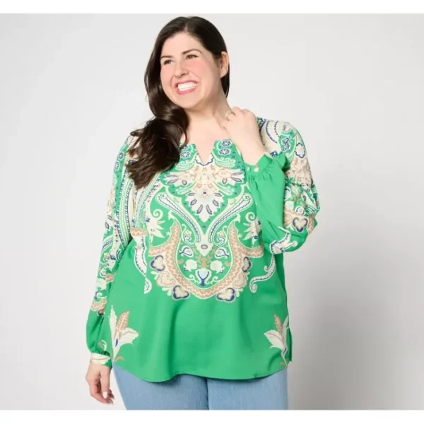 Shop All<Belle by Kim Gravel Modern Medallion Print Blouse - a world of fashionable women's clothing, including a wide selection of dresses and trendy accessories.