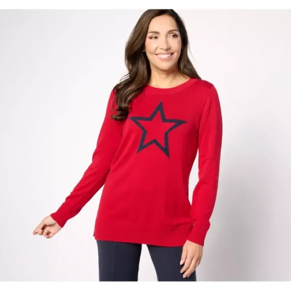 Shop All<Belle by Kim Gravel On Point Single Star Sweater - a world of fashionable women's clothing, including a wide selection of dresses and trendy accessories.
