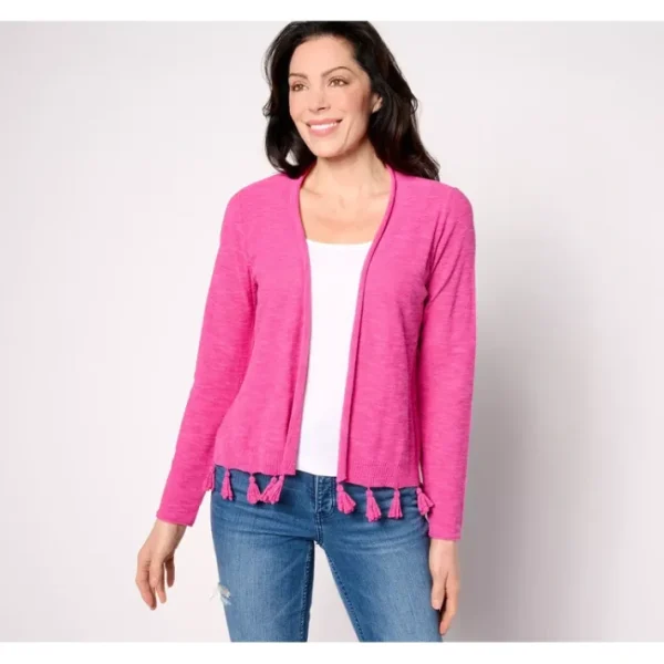 Shop All<Belle by Kim Gravel Open Front Cardigan with Tassel Trim - a world of fashionable women's clothing, including a wide selection of dresses and trendy accessories.