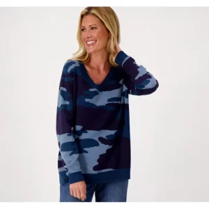 Fashion<Belle by Kim Gravel Oversized Camo Intarsia V-Neck Sweater - a world of fashionable women's clothing, including a wide selection of dresses and trendy accessories.