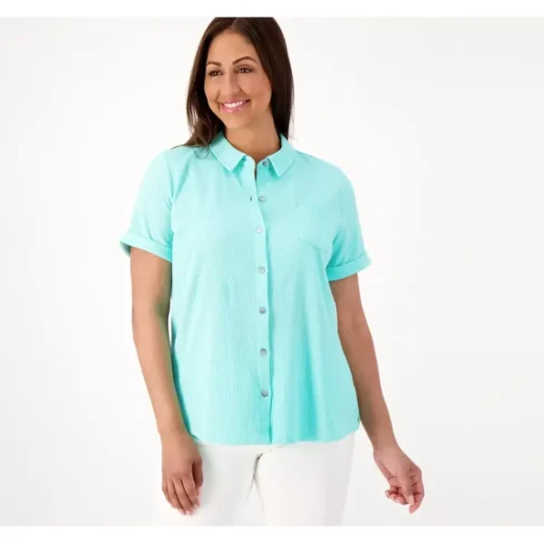 Shop All<Belle by Kim Gravel Packabelle Camp Shirt with Pocket - a world of fashionable women's clothing, including a wide selection of dresses and trendy accessories.
