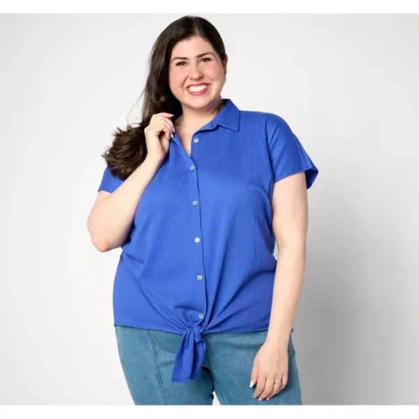 Shop All<Belle by Kim Gravel Packabelle Tie Front Camp Shirt - a world of fashionable women's clothing, including a wide selection of dresses and trendy accessories.