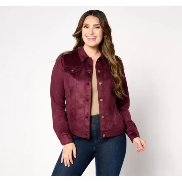 Shop All<Belle by Kim Gravel PerSuede Me Trucker Jacket - a world of fashionable women's clothing, including a wide selection of dresses and trendy accessories.