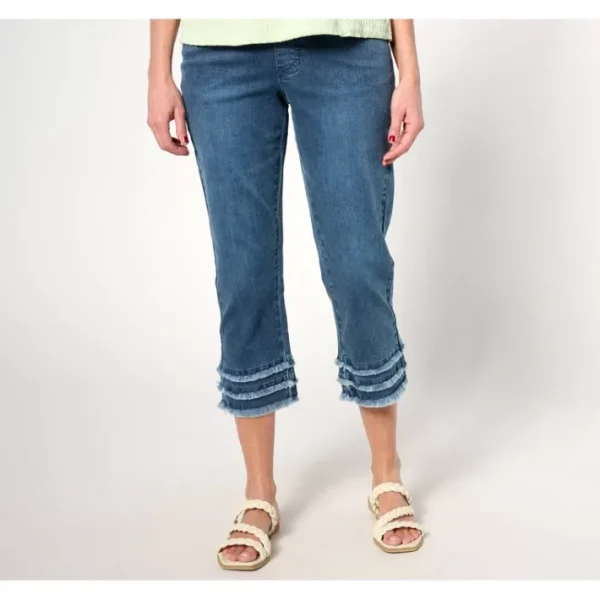Shop All<Belle by Kim Gravel Pet TripleLuxe Denim Triple Fray Crop Jean - a world of fashionable women's clothing, including a wide selection of dresses and trendy accessories.
