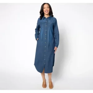 Dresses<Belle by Kim Gravel Petite Stretch Denim Long Shirt Dress - a world of fashionable women's clothing, including a wide selection of dresses and trendy accessories.