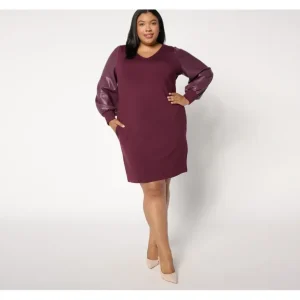 Belle by Kim Gravel Ponte Dress with Faux Leather Blouson Sleeves - a world of fashionable women's clothing, including a wide selection of dresses and trendy accessories.> Hat