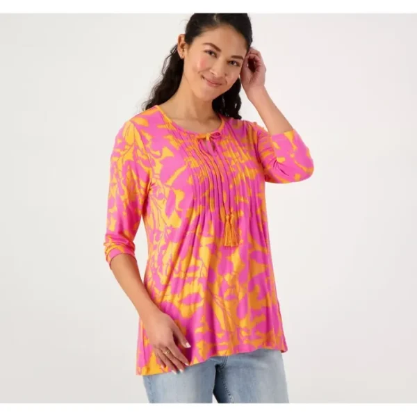Shop All<Belle by Kim Gravel Pop Floral Pintuck Shirt With Tassels - a world of fashionable women's clothing, including a wide selection of dresses and trendy accessories.