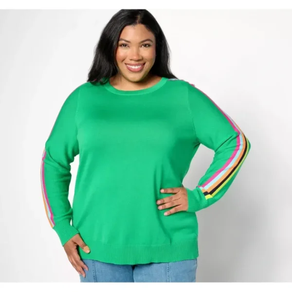 Shop All<Belle by Kim Gravel Preppy Rainbow Sleeve Sweater - a world of fashionable women's clothing, including a wide selection of dresses and trendy accessories.