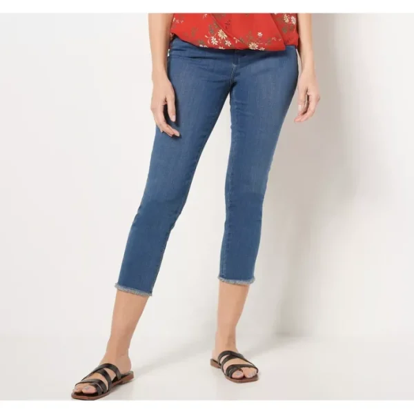 Shop All<Belle by Kim Gravel Primabelle Crop Jeans with Frayed Hem - a world of fashionable women's clothing, including a wide selection of dresses and trendy accessories.