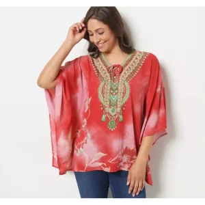 Belle by Kim Gravel Printed V-Neck Lace-Up Poncho - a world of fashionable women's clothing, including a wide selection of dresses and trendy accessories.> Hat