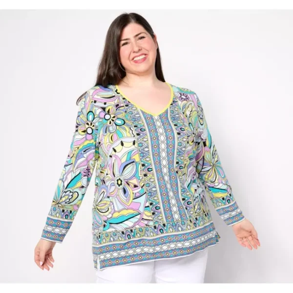 Shop All<Belle by Kim Gravel Rayon Spandex Mod Square Border Trim Top - a world of fashionable women's clothing, including a wide selection of dresses and trendy accessories.