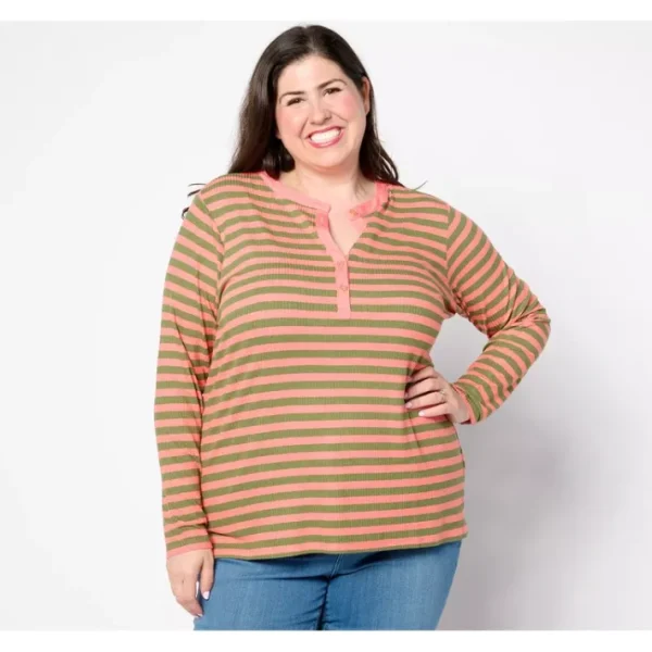 Shop All<Belle by Kim Gravel Rayon Spandex Ribbed Mini Striped Henley - a world of fashionable women's clothing, including a wide selection of dresses and trendy accessories.