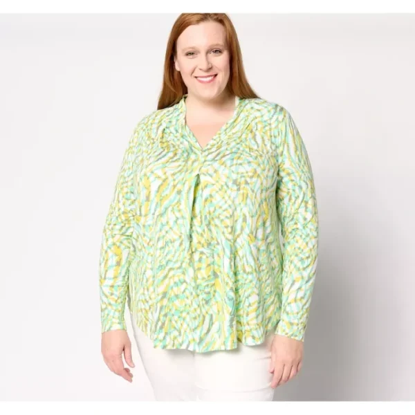 Shop All<Belle by Kim Gravel Rayon Spandex Shaded Tiger Pleat Top - a world of fashionable women's clothing, including a wide selection of dresses and trendy accessories.