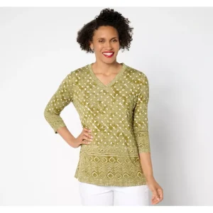 Belle by Kim Gravel Rayon Spandex Tie Dye Border V Neck Top - a world of fashionable women's clothing, including a wide selection of dresses and trendy accessories.> Hat