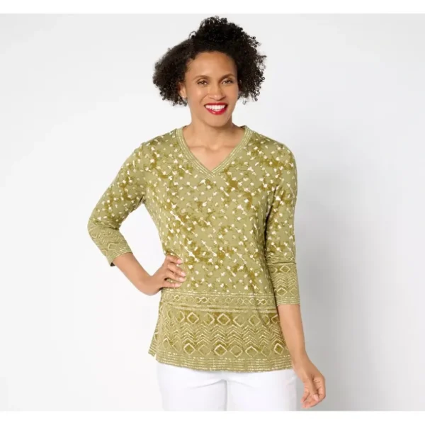 Belle by Kim Gravel Rayon Spandex Tie Dye Border V Neck Top - a world of fashionable women's clothing, including a wide selection of dresses and trendy accessories.> Hat