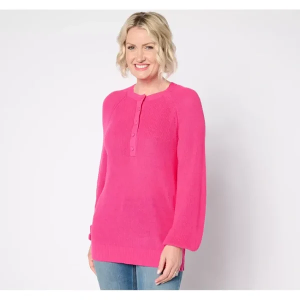 Shop All<Belle by Kim Gravel Ribbed Henley Blouson Sleeve Sweater - a world of fashionable women's clothing, including a wide selection of dresses and trendy accessories.