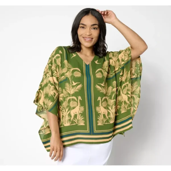 Shop All<Belle by Kim Gravel Safari Soiree Poncho - a world of fashionable women's clothing, including a wide selection of dresses and trendy accessories.