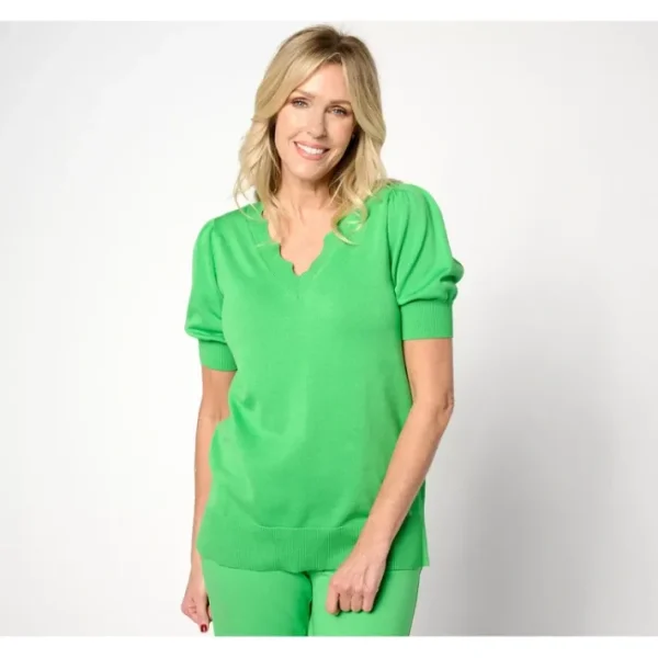 Shop All<Belle by Kim Gravel Scalloped Neck Short Sleeve Sweater - a world of fashionable women's clothing, including a wide selection of dresses and trendy accessories.