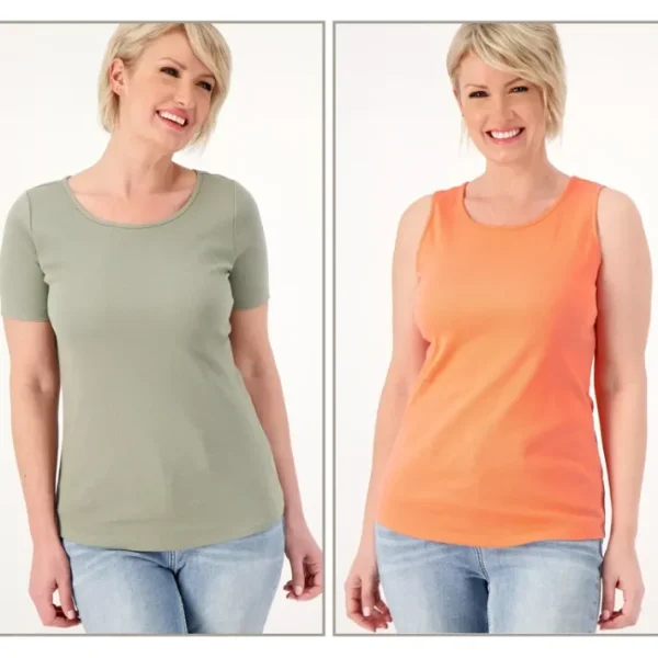 Shop All<Belle by Kim Gravel Set of 2 Ribbed Knit Scoop Neck Tank Tee - a world of fashionable women's clothing, including a wide selection of dresses and trendy accessories.
