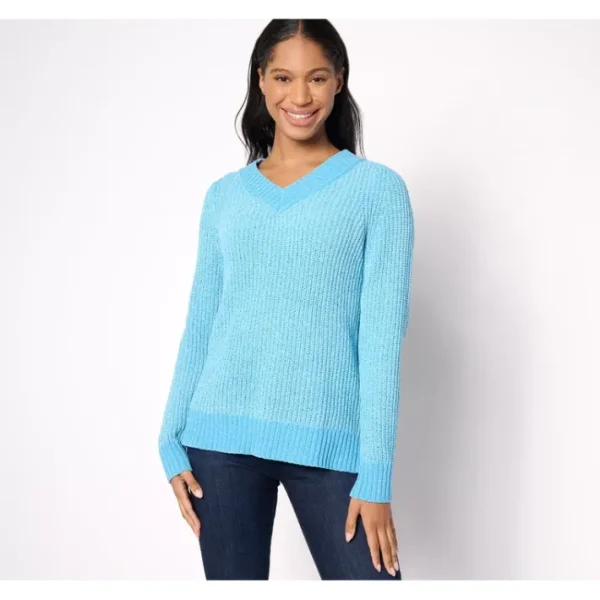 Shop All<Belle by Kim Gravel Shadow Rib Chenille V-Neck Sweater - a world of fashionable women's clothing, including a wide selection of dresses and trendy accessories.