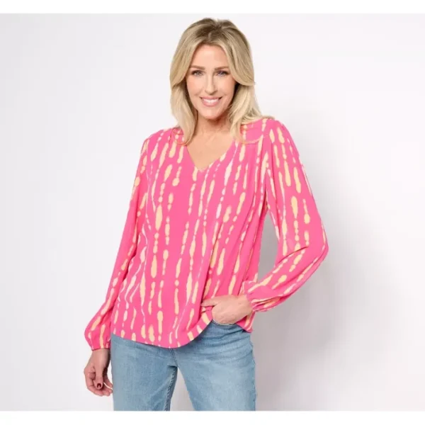 Shop All<Belle by Kim Gravel Shibori Stripe Shirred Shoulder Blouse - a world of fashionable women's clothing, including a wide selection of dresses and trendy accessories.