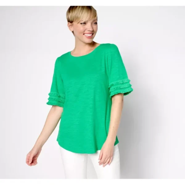 Shop All<Belle by Kim Gravel Slub Knit Elbow Sleeve Top with Triple Fringe - a world of fashionable women's clothing, including a wide selection of dresses and trendy accessories.