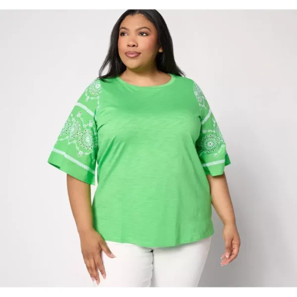 Shop All<Belle by Kim Gravel Slub Knit Eyelet Sleeve Mixed Media Top - a world of fashionable women's clothing, including a wide selection of dresses and trendy accessories.