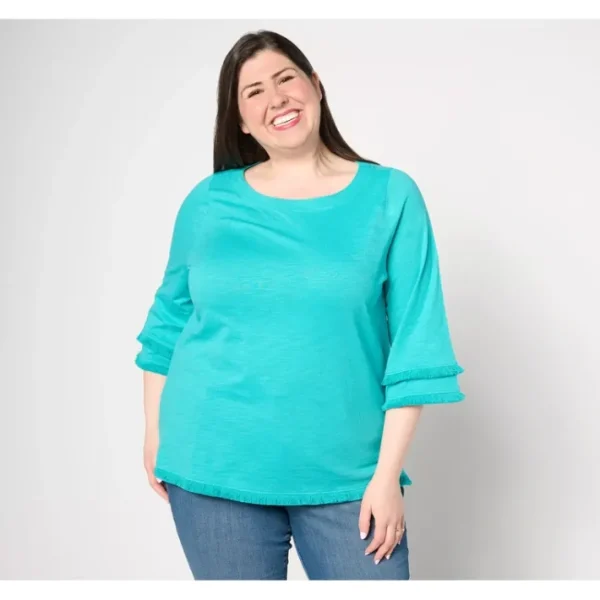 Shop All<Belle by Kim Gravel Slub Knit Fringe Benefits 3/4 Sleeve Top - a world of fashionable women's clothing, including a wide selection of dresses and trendy accessories.