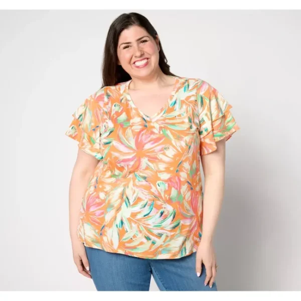 Shop All<Belle by Kim Gravel Slub Knit Paradise Found Flutter Top - a world of fashionable women's clothing, including a wide selection of dresses and trendy accessories.