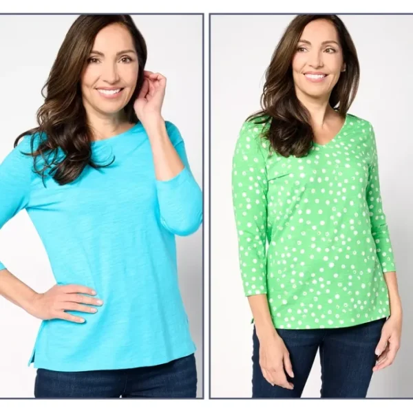 Shop All<Belle by Kim Gravel Slub Knit Set of 2 Dot and Solid Tops - a world of fashionable women's clothing, including a wide selection of dresses and trendy accessories.
