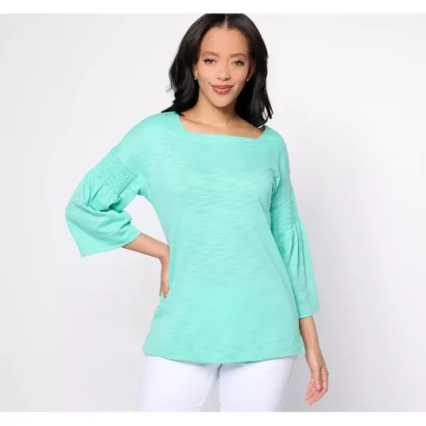 Shop All<Belle by Kim Gravel Slub Knit Smocked Sleeve Top - a world of fashionable women's clothing, including a wide selection of dresses and trendy accessories.