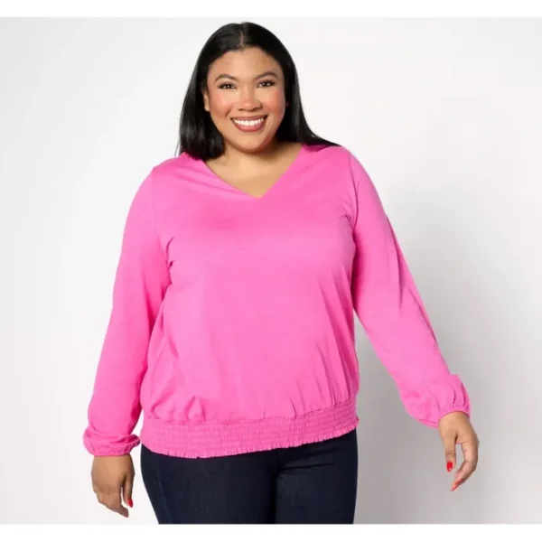 Shop All<Belle by Kim Gravel Slub Knit Smocked Waist V Neck Top - a world of fashionable women's clothing, including a wide selection of dresses and trendy accessories.