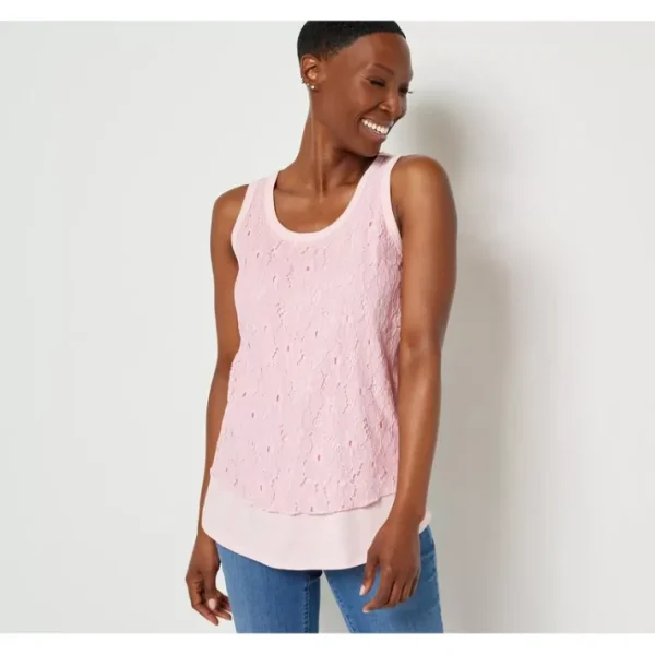 Shop All<Belle by Kim Gravel Slub Knit Tank with Lace Overlay - a world of fashionable women's clothing, including a wide selection of dresses and trendy accessories.