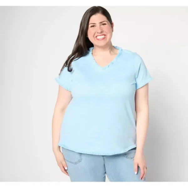 Shop All<Belle by Kim Gravel Slub Knit V-Neck Top with Fringe Trim - a world of fashionable women's clothing, including a wide selection of dresses and trendy accessories.