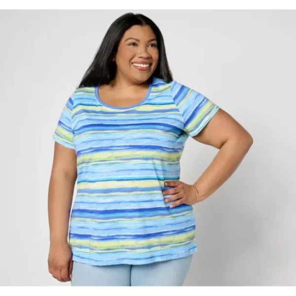 Shop All<Belle by Kim Gravel Slub Knit Watercolor Stripe T-Shirt - a world of fashionable women's clothing, including a wide selection of dresses and trendy accessories.