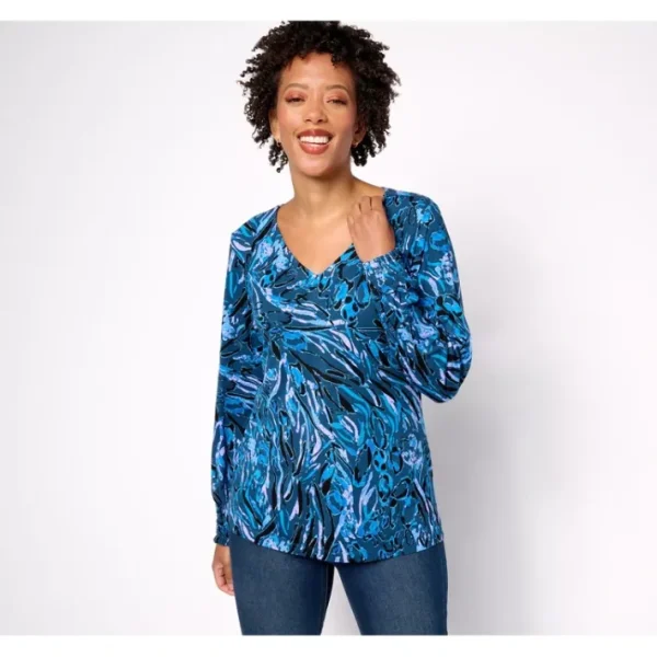 Shop All<Belle by Kim Gravel Sophisticated Safari Smocked Cuffs Top - a world of fashionable women's clothing, including a wide selection of dresses and trendy accessories.