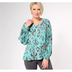 Fashion<Belle by Kim Gravel Spaced Ikat V-Neck Blouse - a world of fashionable women's clothing, including a wide selection of dresses and trendy accessories.