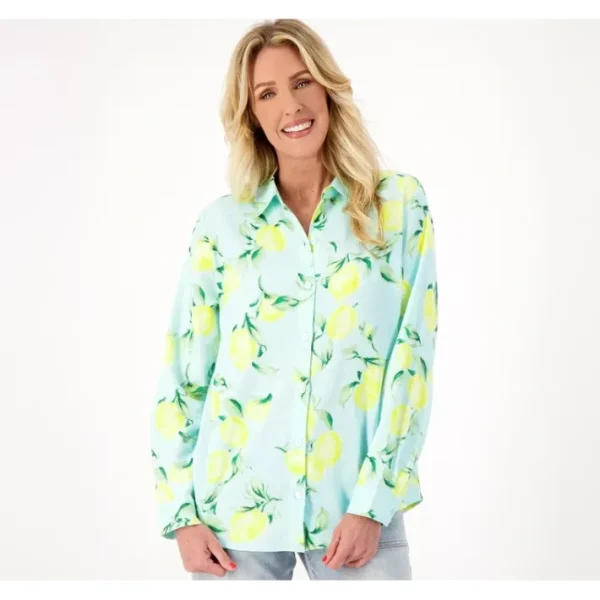 Shop All<Belle by Kim Gravel Squeeze the Day Linen Rayon Shirt - a world of fashionable women's clothing, including a wide selection of dresses and trendy accessories.