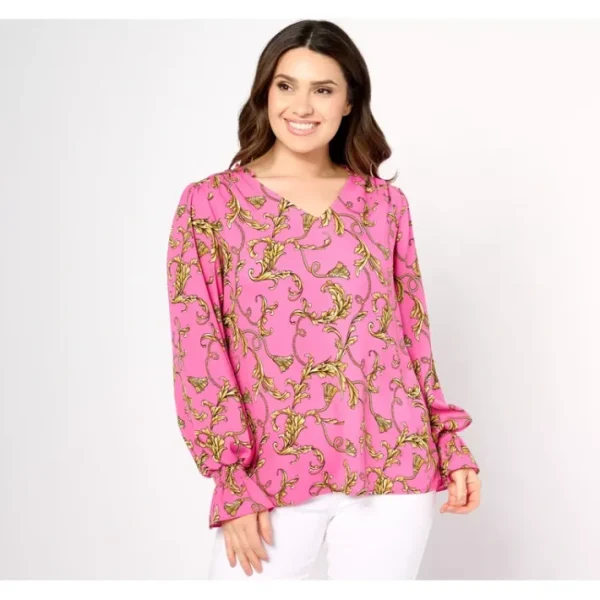 Shop All<Belle by Kim Gravel Status Update Smocked Sleeve Blouse - a world of fashionable women's clothing, including a wide selection of dresses and trendy accessories.