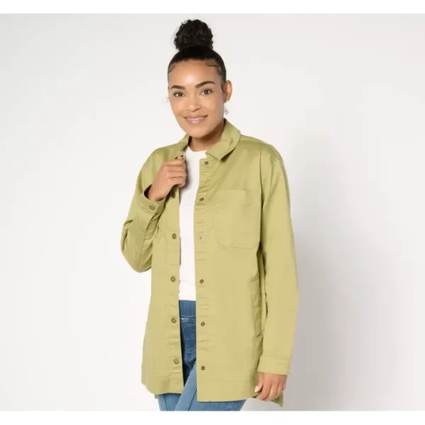 Shop All<Belle by Kim Gravel Stretch Denim High Low Snap Front Shacket - a world of fashionable women's clothing, including a wide selection of dresses and trendy accessories.