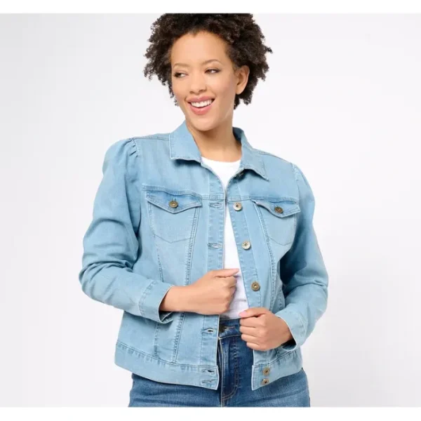 Shop All<Belle by Kim Gravel Stretch Denim Puff Sleeve Jacket - a world of fashionable women's clothing, including a wide selection of dresses and trendy accessories.
