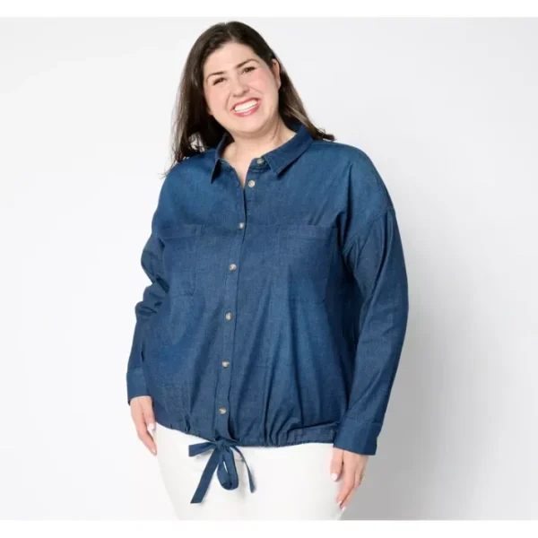 Shop All<Belle by Kim Gravel Stretch Denim Tie Front Blouse - a world of fashionable women's clothing, including a wide selection of dresses and trendy accessories.