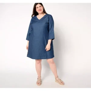 Dresses<Belle by Kim Gravel Stretch Denim V Neck Dress with Horn Buttons - a world of fashionable women's clothing, including a wide selection of dresses and trendy accessories.
