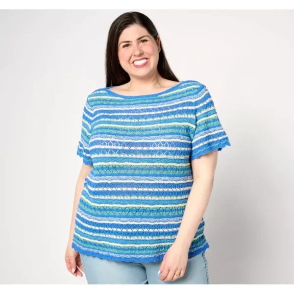 Shop All<Belle by Kim Gravel Summer Boho Pointelle Stripe Sweater - a world of fashionable women's clothing, including a wide selection of dresses and trendy accessories.