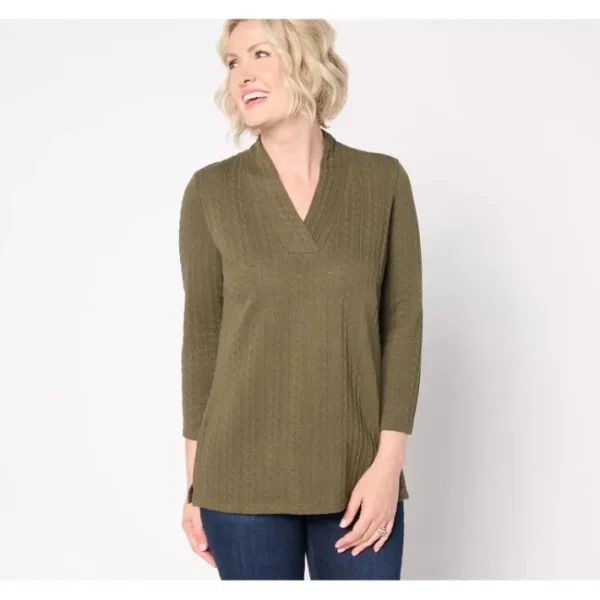Shop All<Belle by Kim Gravel Textured Cable Crossover V-Neck Top - a world of fashionable women's clothing, including a wide selection of dresses and trendy accessories.