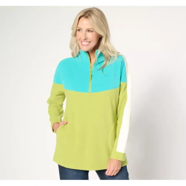 Shop All<Belle by Kim Gravel Tri Color Block Fleece Half Zip - a world of fashionable women's clothing, including a wide selection of dresses and trendy accessories.