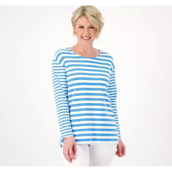 Shop All<Belle by Kim Gravel TripleLuxe Knit Drop Shoulder Striped Top - a world of fashionable women's clothing, including a wide selection of dresses and trendy accessories.